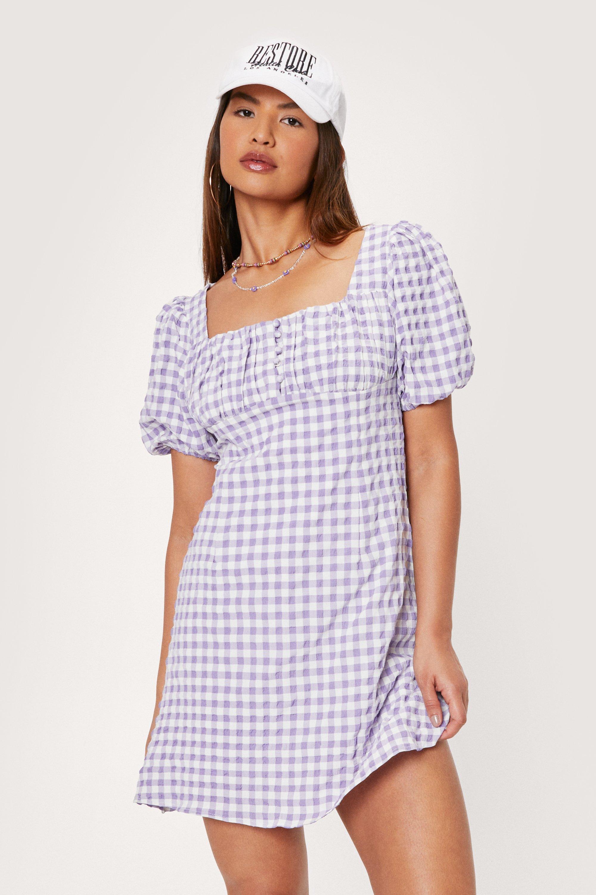 Ruched Bust Gingham Puff Sleeve Mini ...